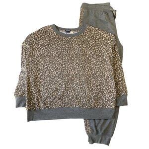 Splendid Women Sleepwear Set XL Gray Leopard Print Pajama Pants Drawstring Long